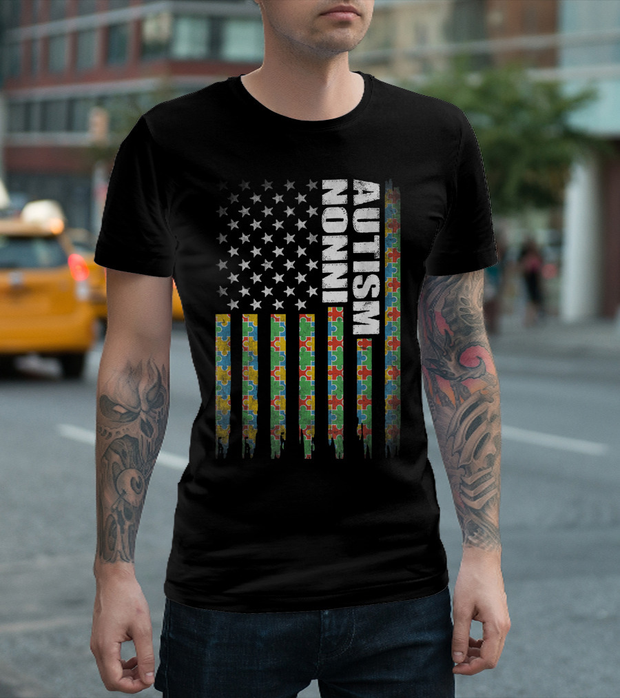 Autism Awareness Nonni American Flag Puzzle Piece Stars Stripes T-Shirt