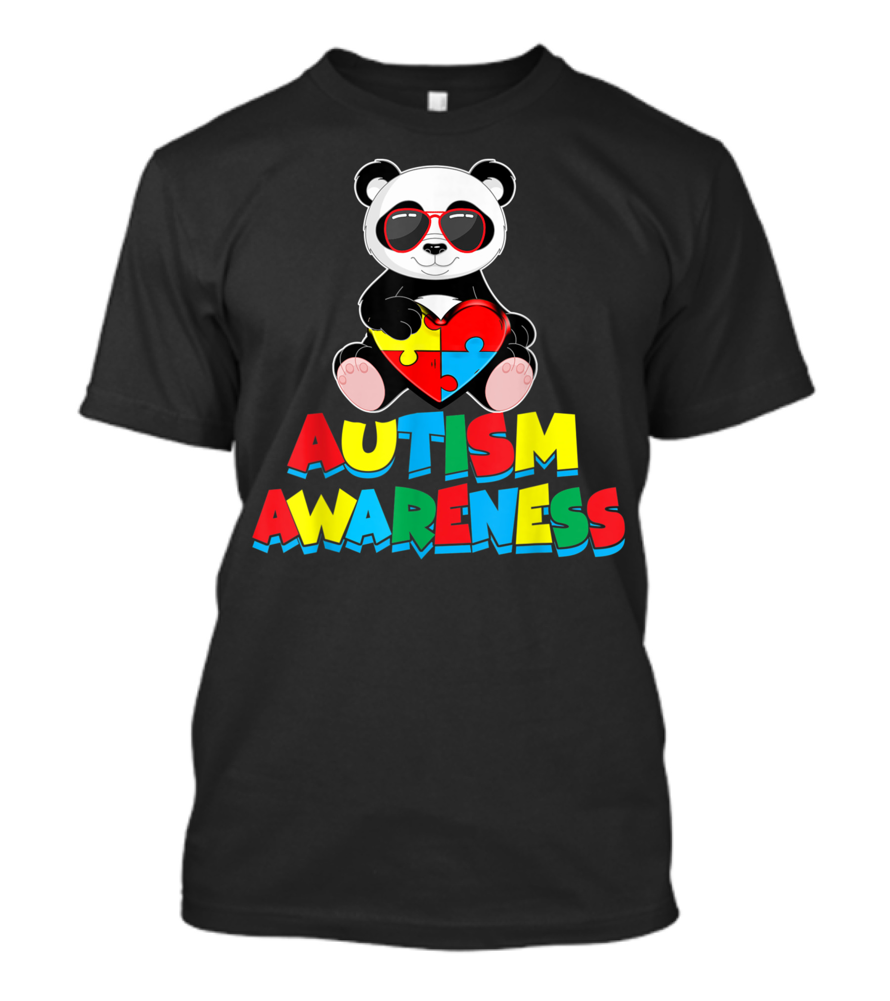 Autism Awareness Panda Holding Heart Puzzle Piece Sunglasses T-Shirt