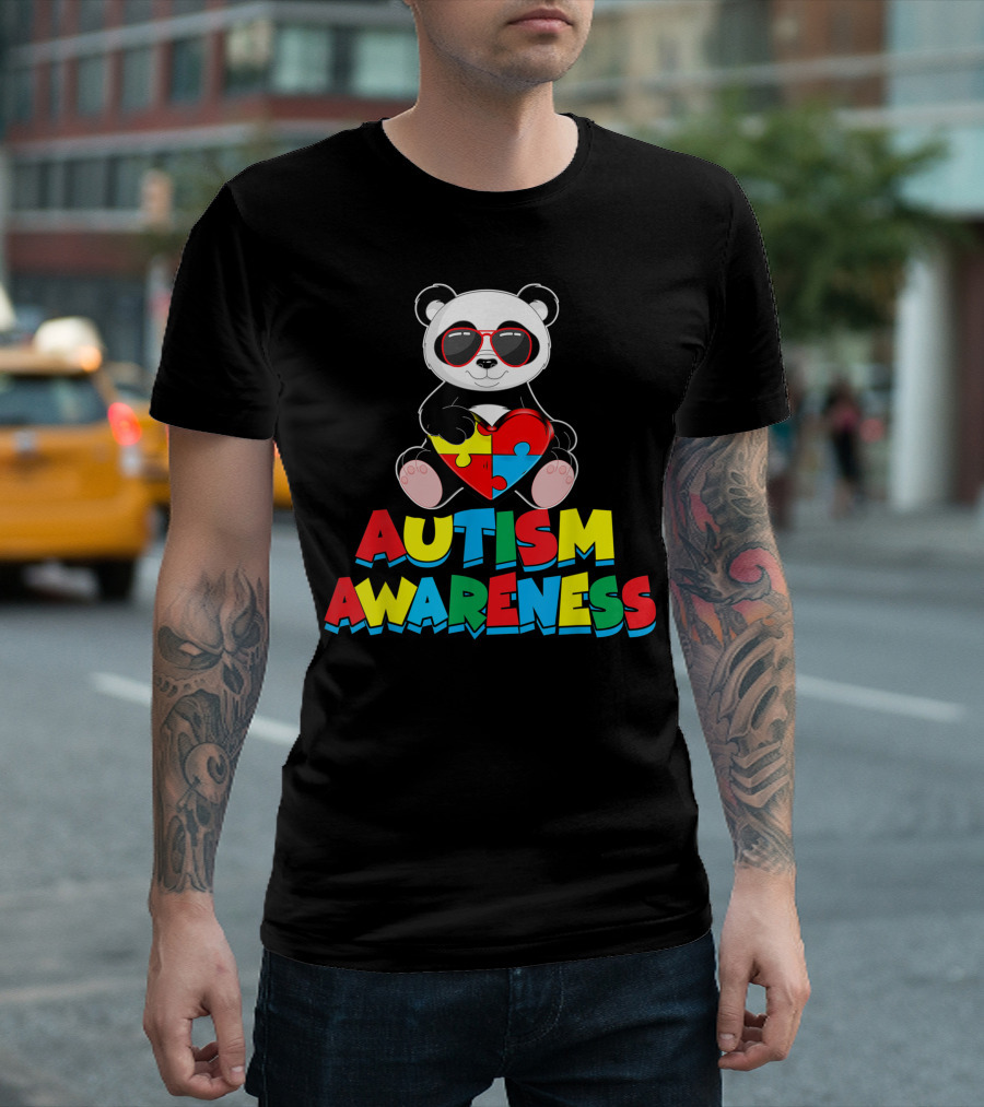 Autism Awareness Panda Holding Heart Puzzle Piece Sunglasses T-Shirt