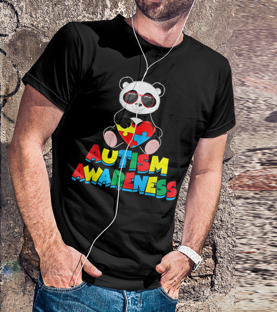 Autism Awareness Panda Holding Heart Puzzle Piece Sunglasses T-Shirt