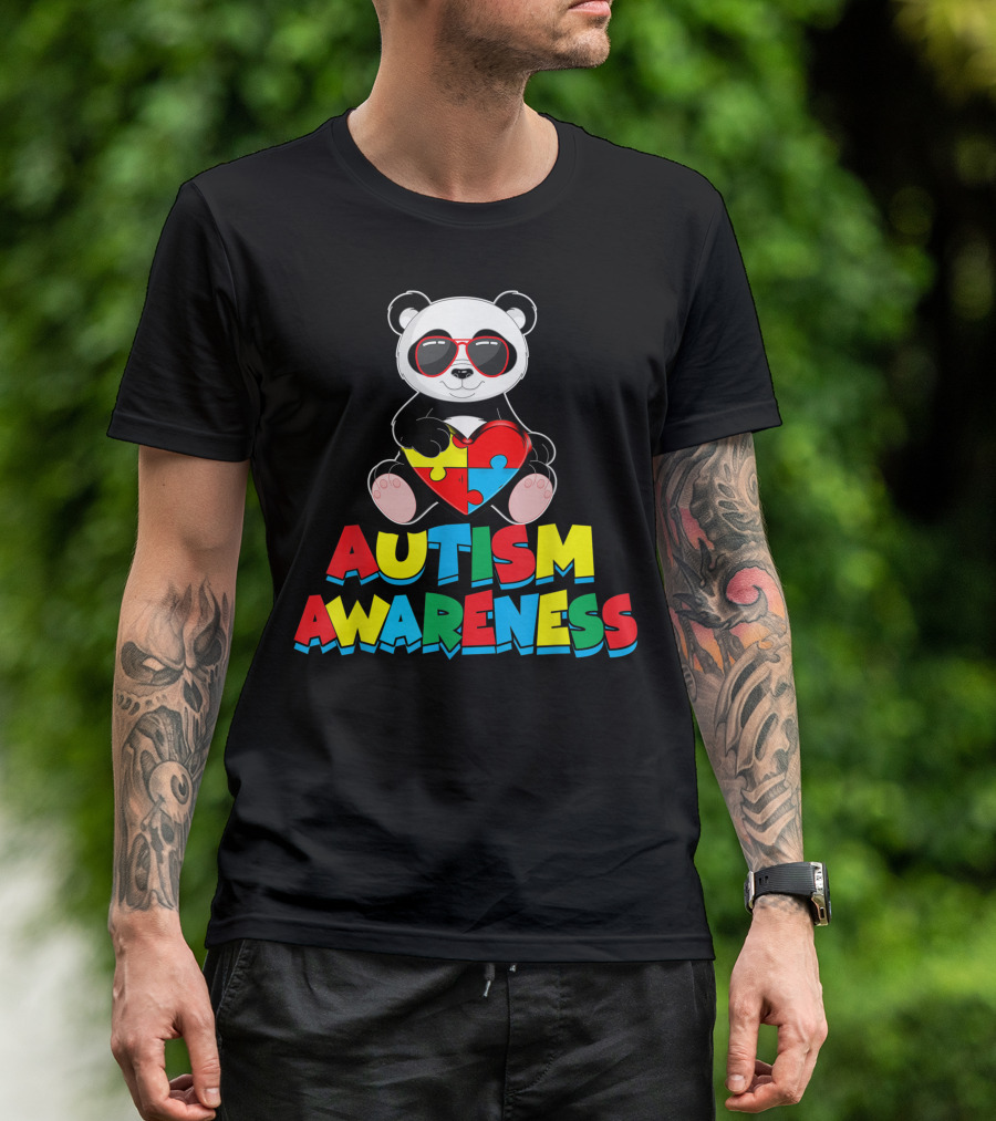Autism Awareness Panda Holding Heart Puzzle Piece Sunglasses T-Shirt