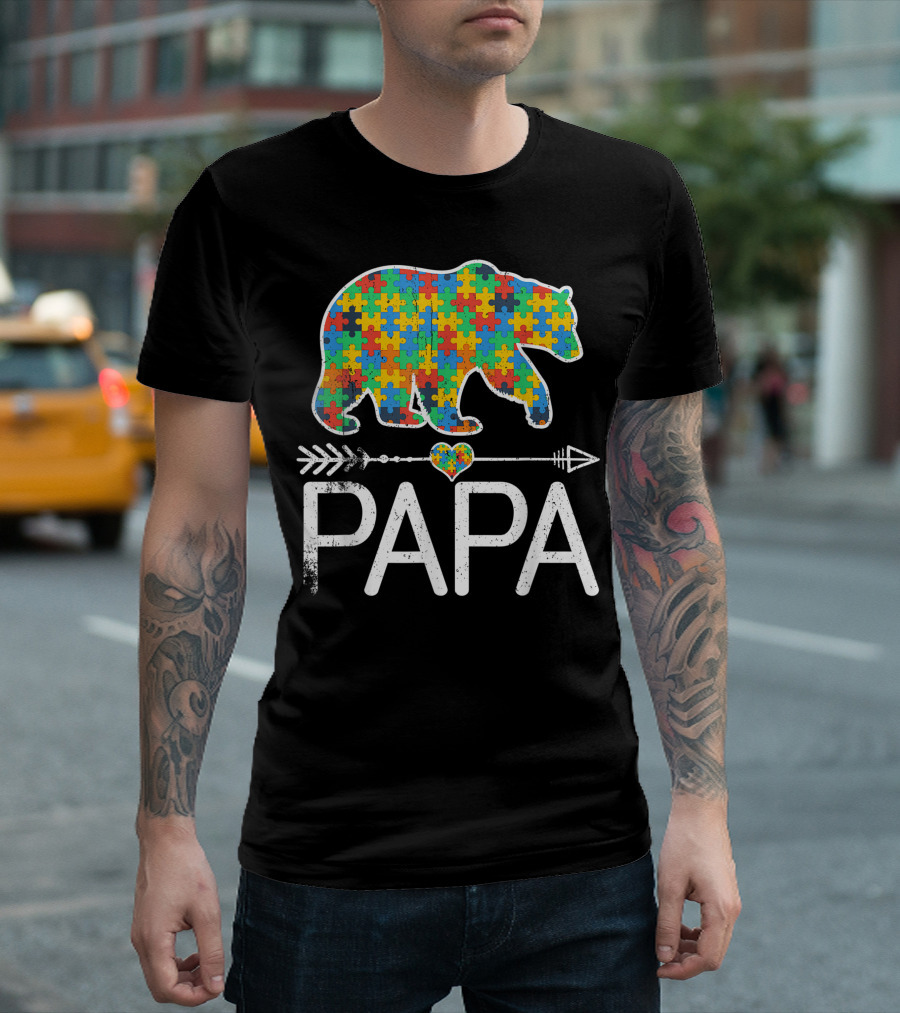 Papa Bear Puzzle Heart Autism Awareness Support Autistic T-Shirt