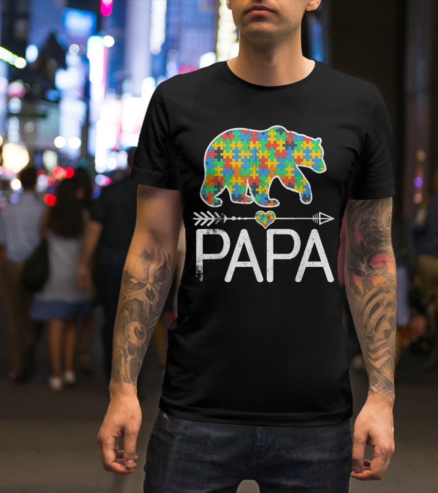 Papa Bear Puzzle Heart Autism Awareness Support Autistic T-Shirt