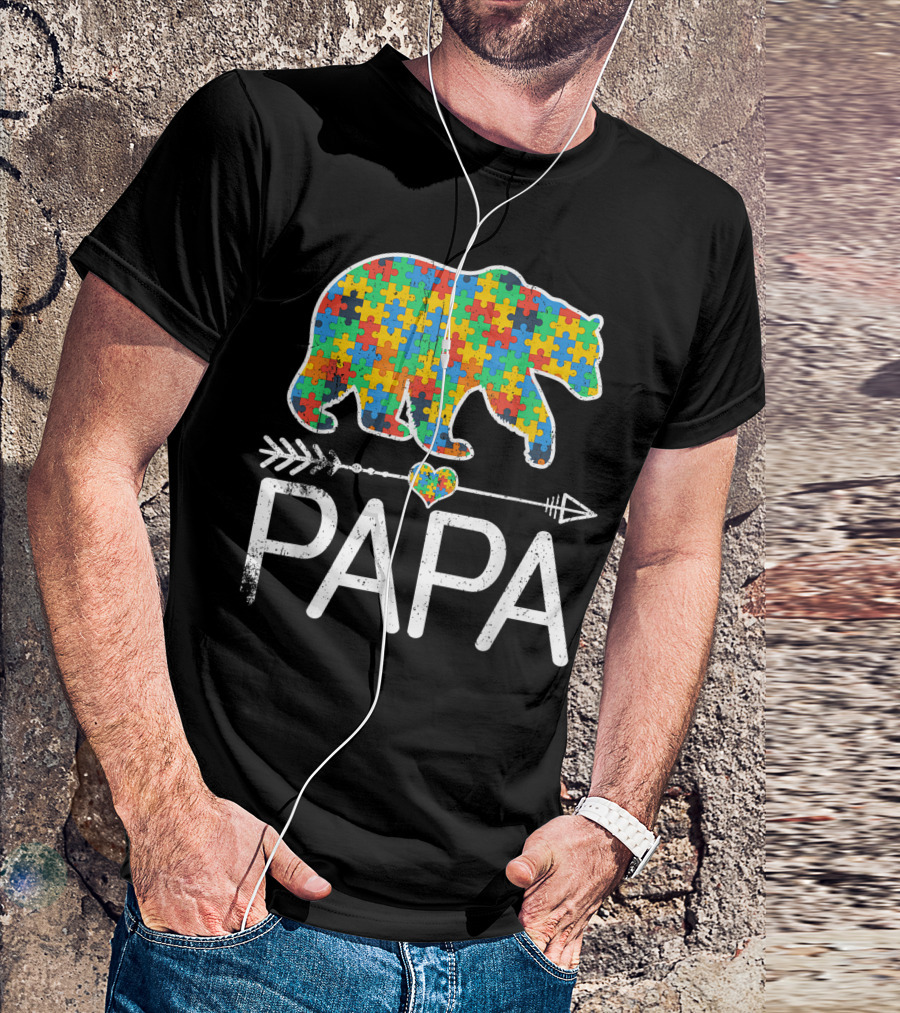 Papa Bear Puzzle Heart Autism Awareness Support Autistic T-Shirt