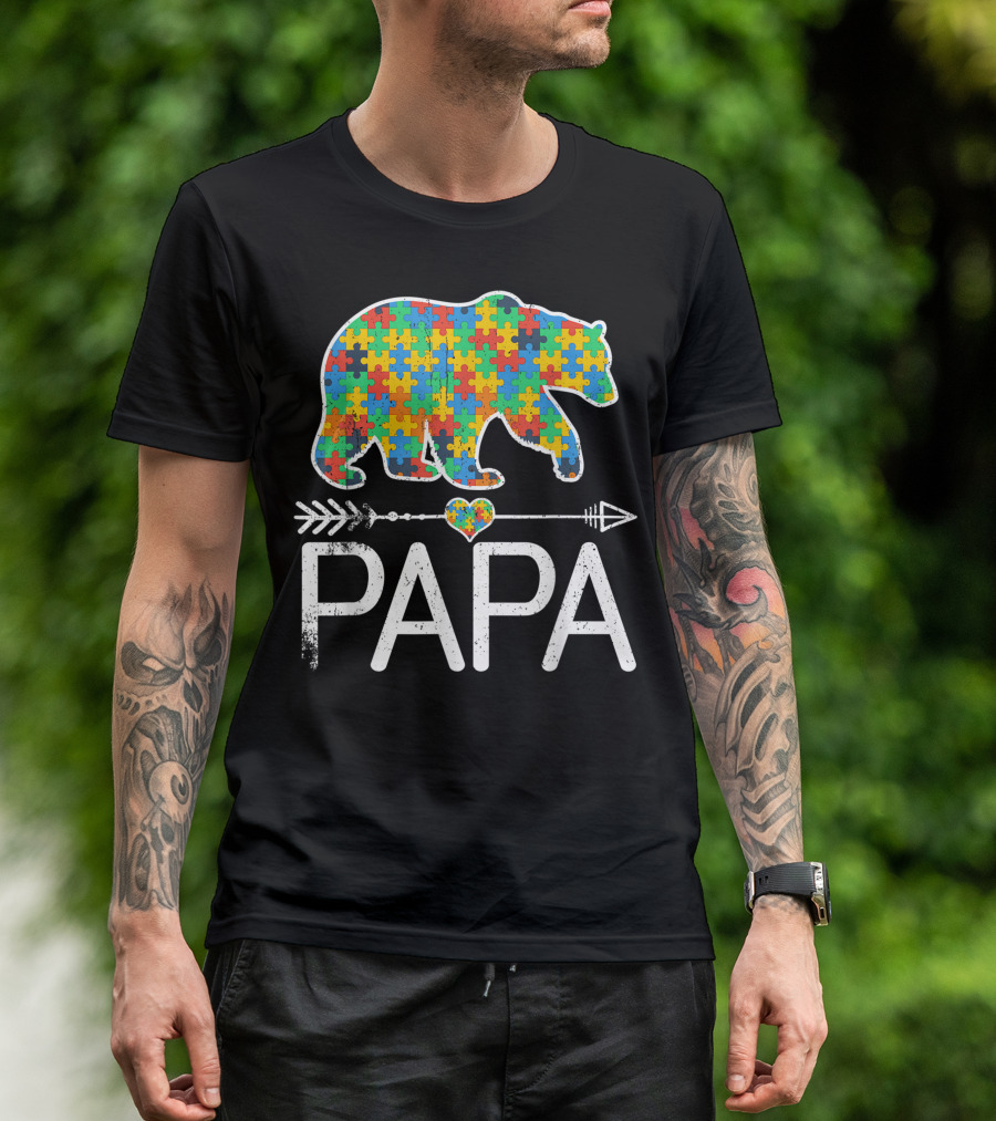 Papa Bear Puzzle Heart Autism Awareness Support Autistic T-Shirt