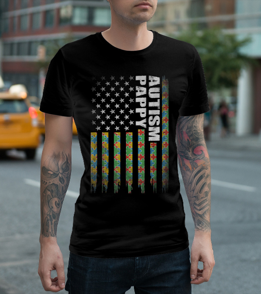 Autism Pappy American Flag Puzzle Awareness T-Shirt