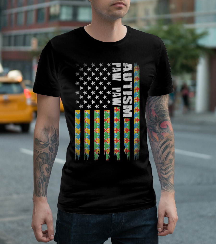 Autism Awareness Paw Paw American Flag Puzzle Pieces T-Shirt
