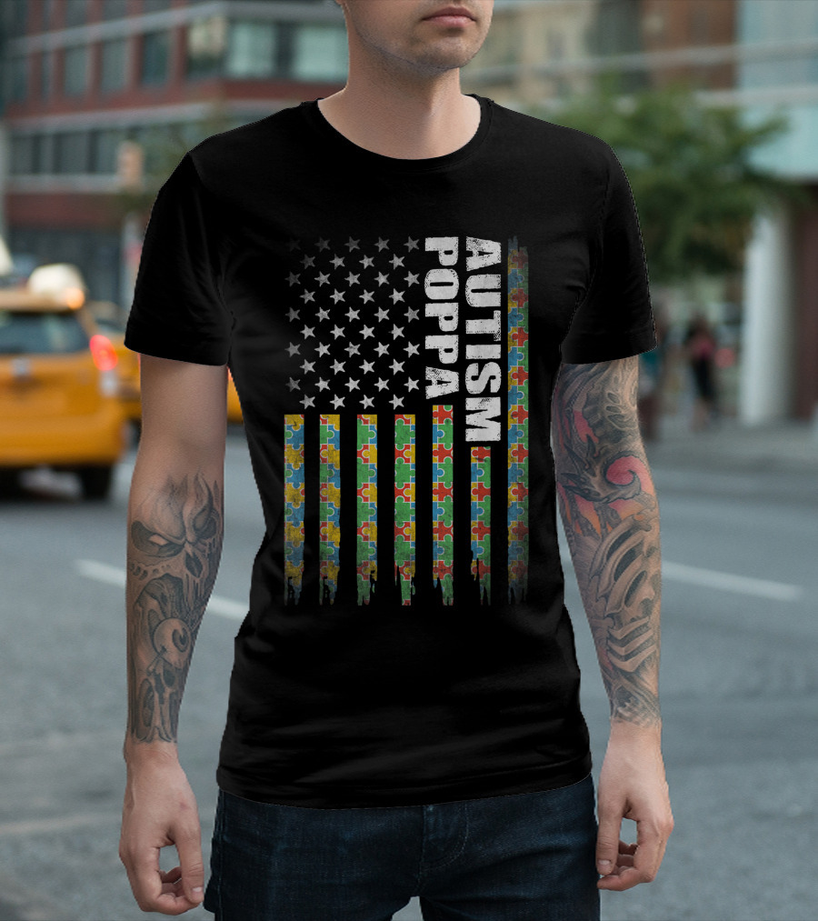 Autism Poppa American Flag Puzzle Piece Awareness T-Shirt