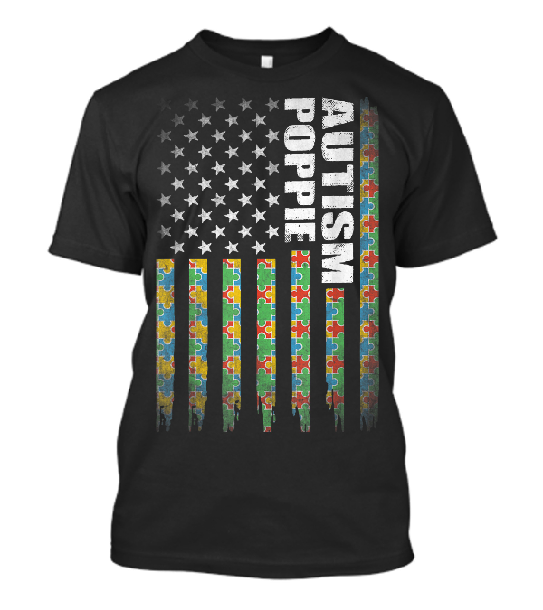 Autism Poppie Puzzle Piece American Flag Stars Stripes T-Shirt