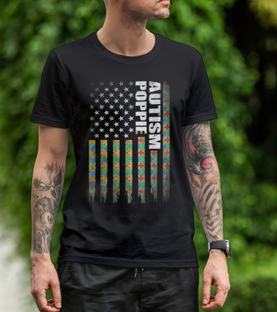Autism Poppie Puzzle Piece American Flag Stars Stripes T-Shirt