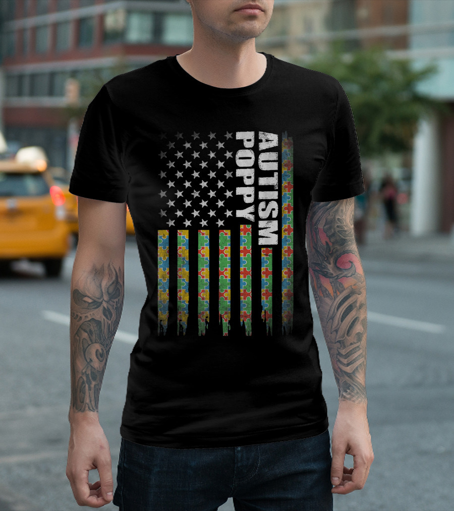 Autism Poppy Puzzle Pattern American Flag T-Shirt
