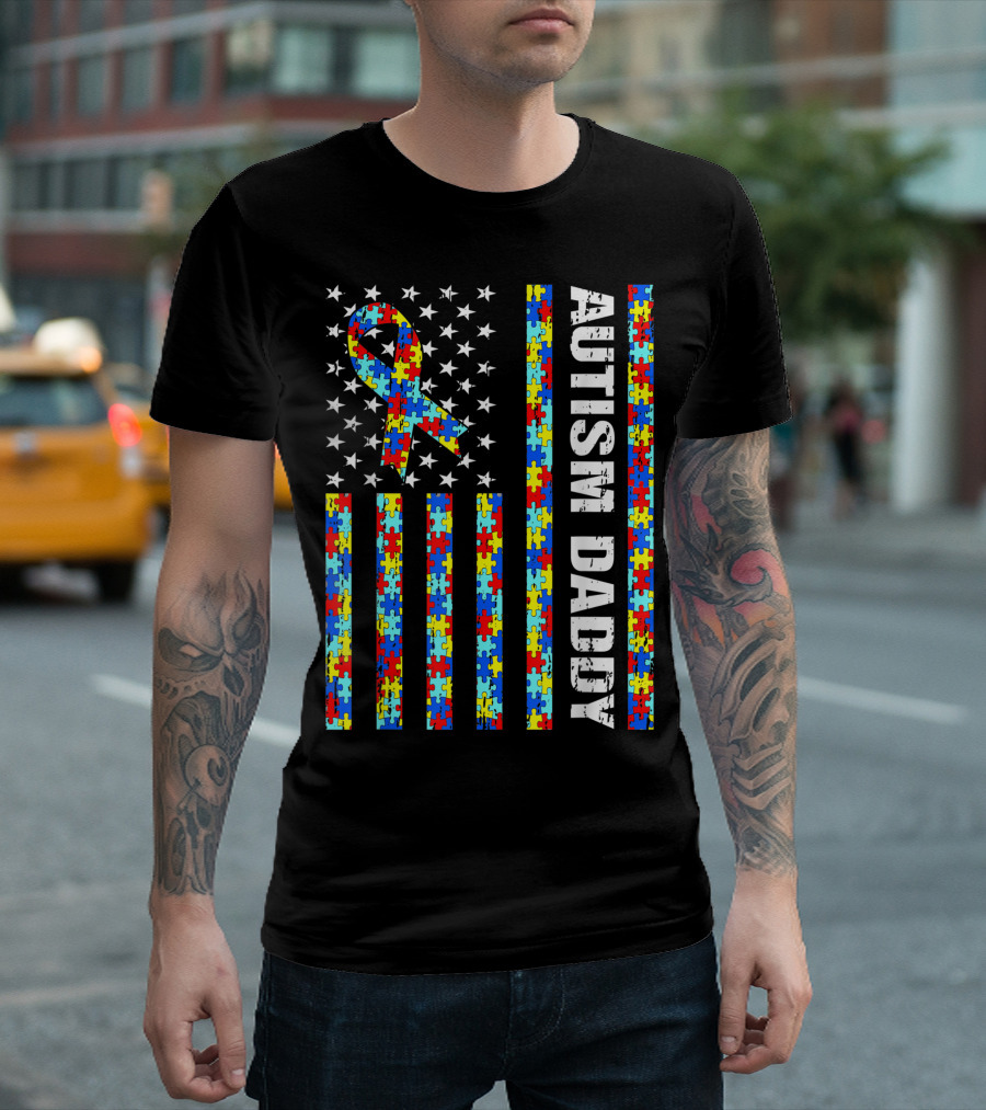Autism Daddy USA Flag Puzzle Ribbon Awareness T-Shirt