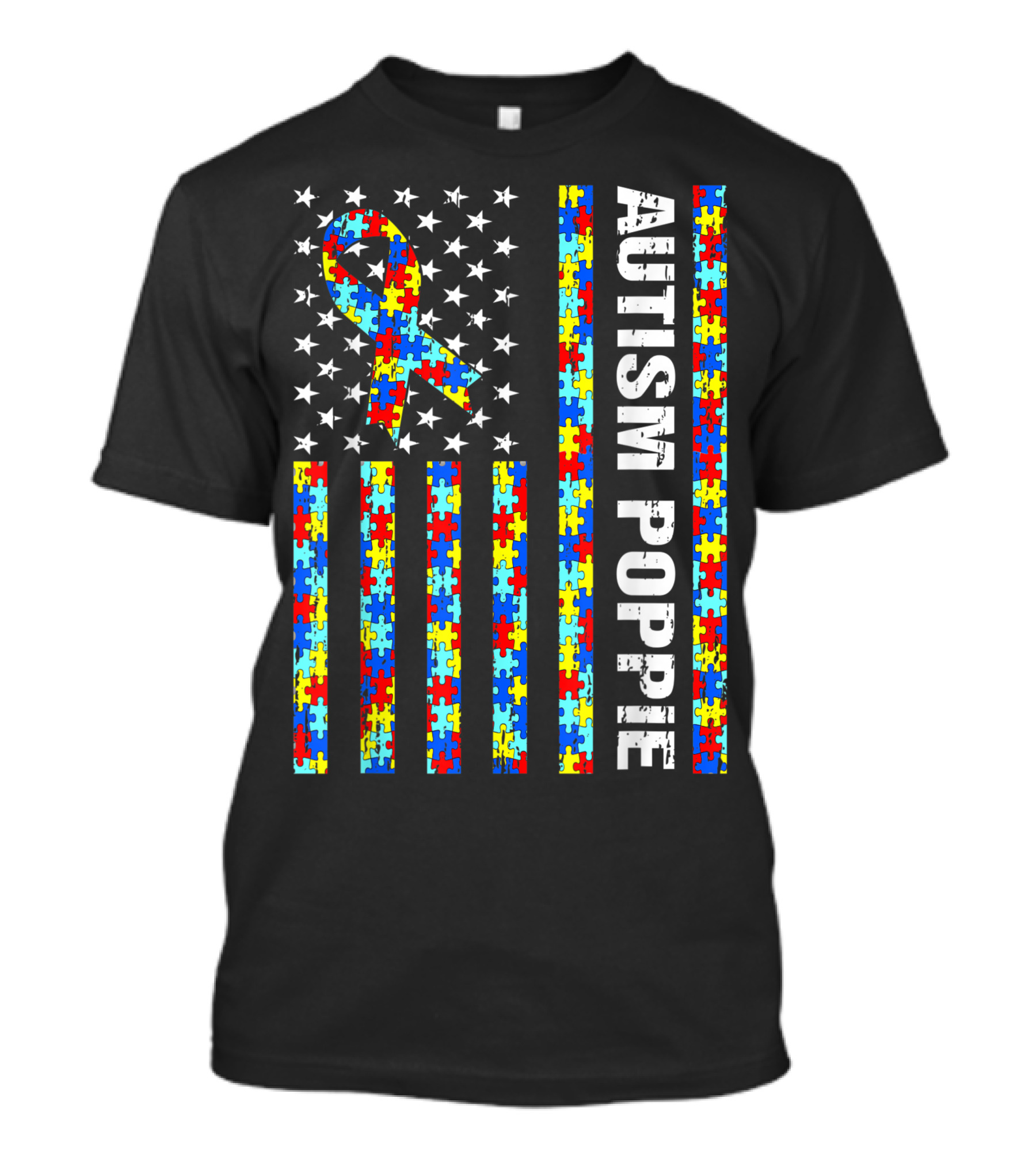 Autism Poppie Puzzle Piece Ribbon USA Flag Awareness T-Shirt