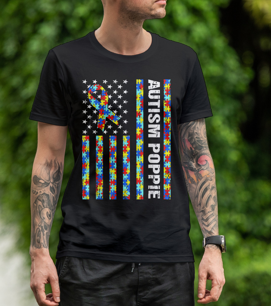 Autism Poppie Puzzle Piece Ribbon USA Flag Awareness T-Shirt
