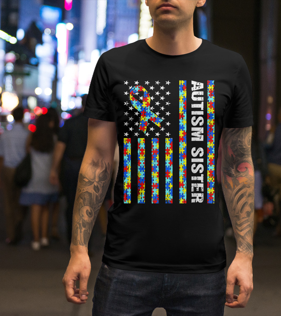 Autism Sister USA Flag With Puzzle Pattern And Awareness T-Shirt