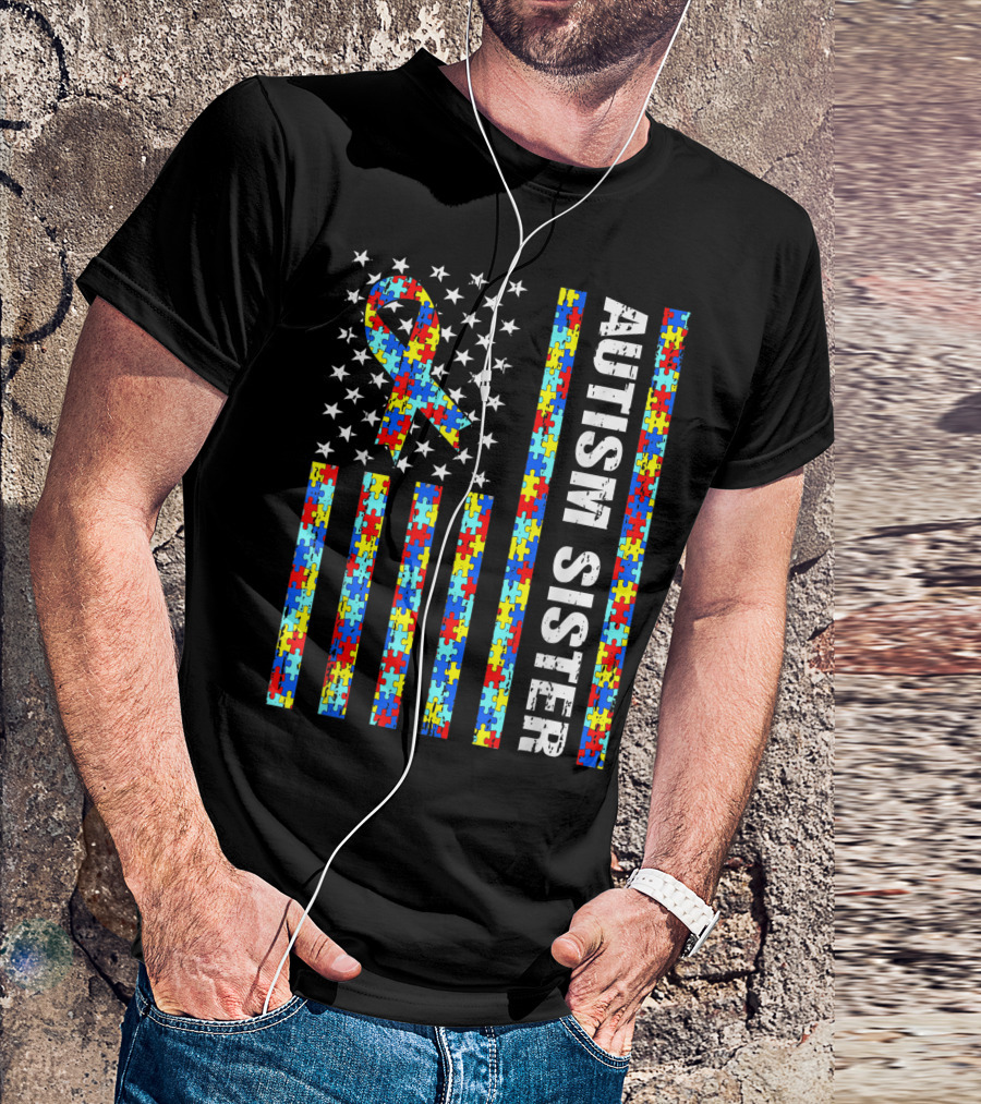Autism Sister USA Flag With Puzzle Pattern And Awareness T-Shirt