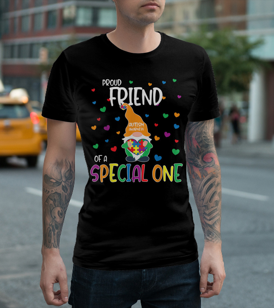 Proud Friend of a Special One Autism Awareness Gnome with Puzzle Heart and Colorful Hearts T-Shirt