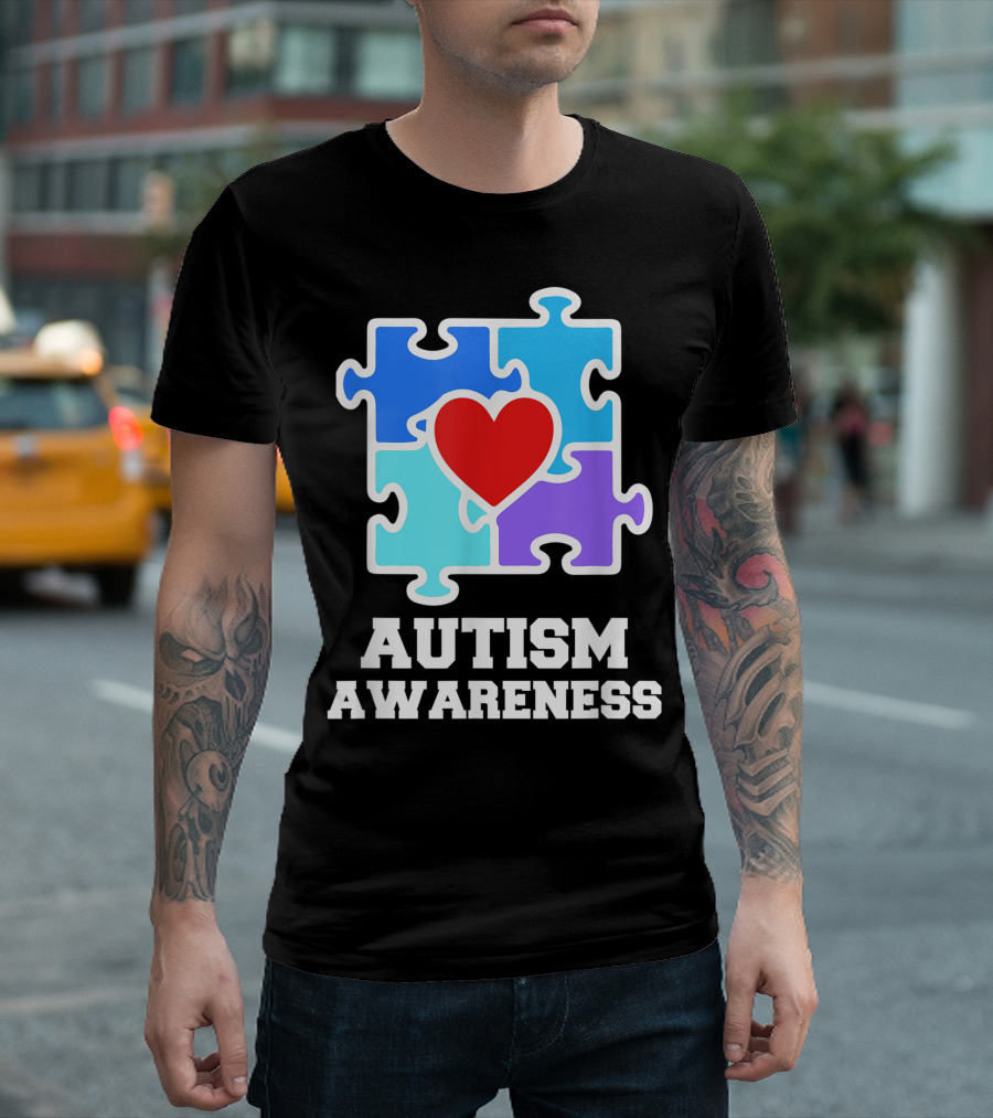 Autism Awareness Puzzle Heart Icon with Red Heart Center T-Shirt