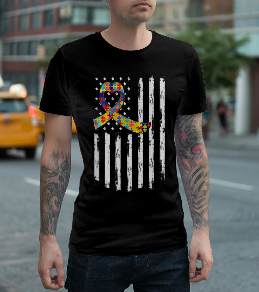 Patriotic Puzzle Ribbon Autism Awareness American Flag Stars T-Shirt
