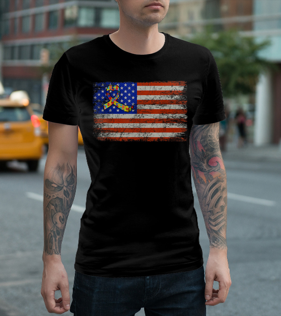 Autism Awareness Puzzle Piece Ribbon American Flag Support Autistic T-Shirt