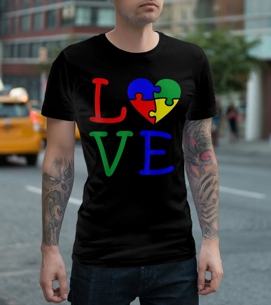 Love Autism Awareness Puzzle Piece Heart Colorful T-Shirt