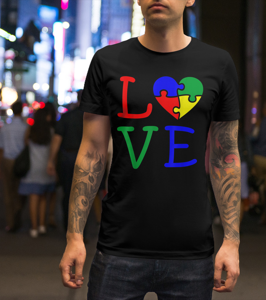 Love Autism Awareness Puzzle Piece Heart Colorful T-Shirt