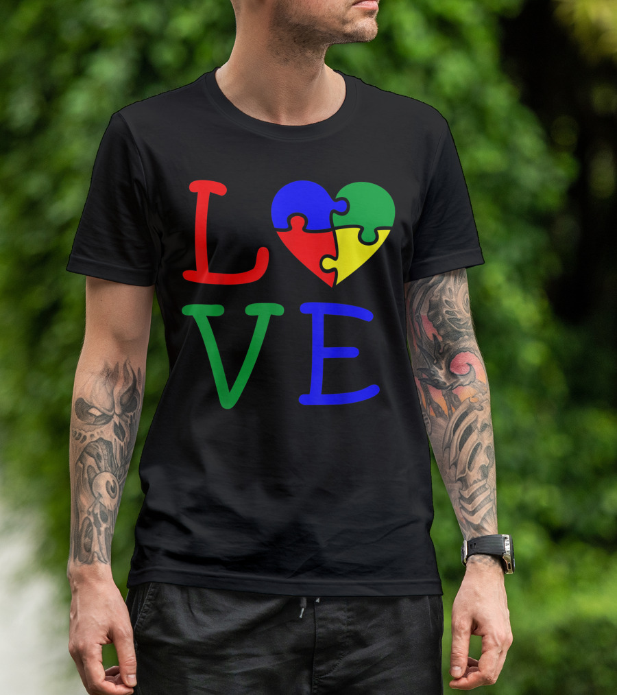 Love Autism Awareness Puzzle Piece Heart Colorful T-Shirt