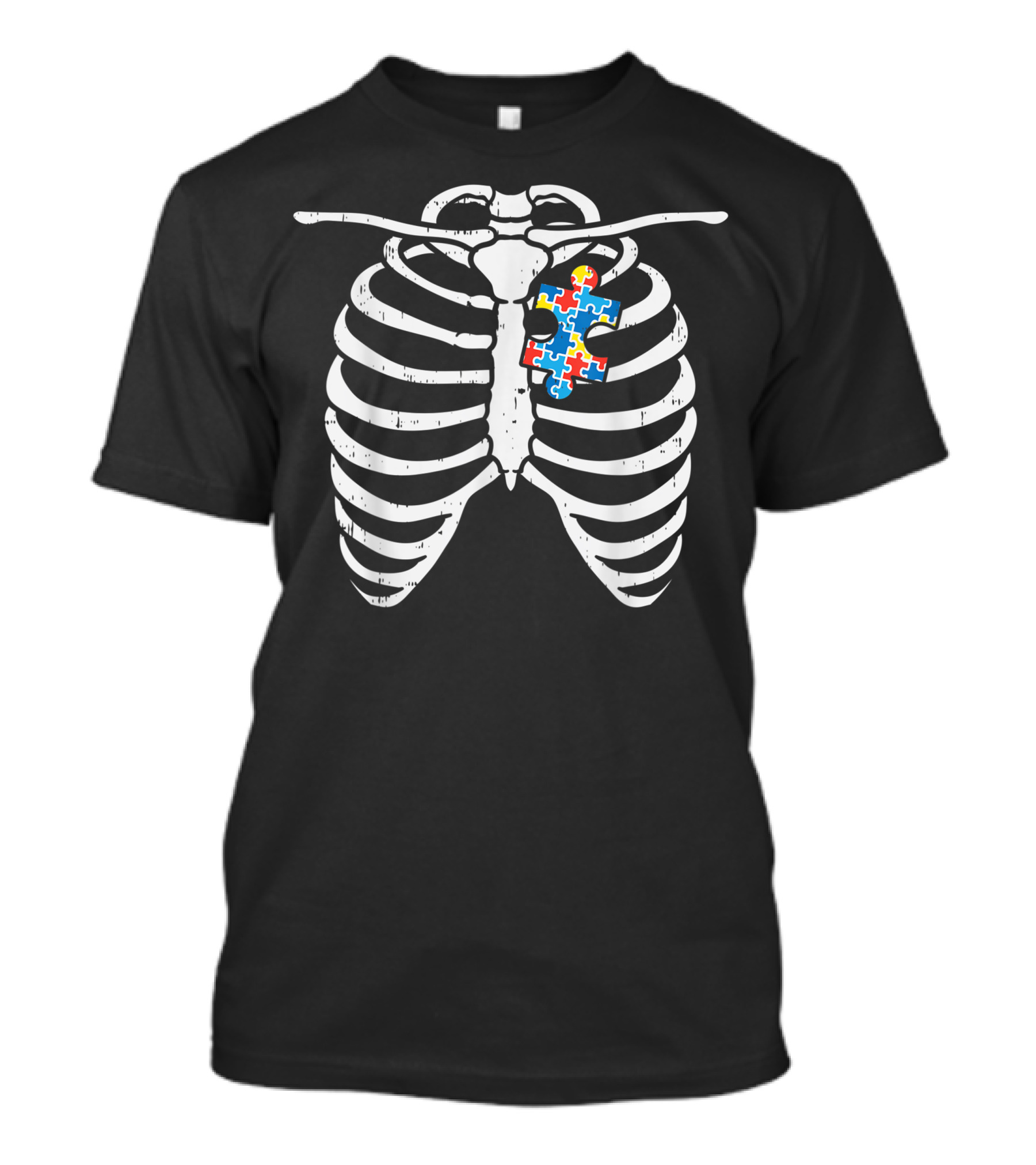 Autism Awareness Rainbow Puzzle Piece Rib Cage Skeleton X-Ray Halloween T-Shirt