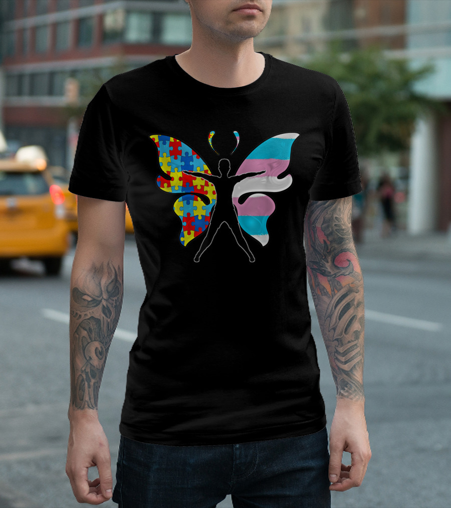 Autism Awareness Puzzle Transgender Pride Butterfly T-Shirt