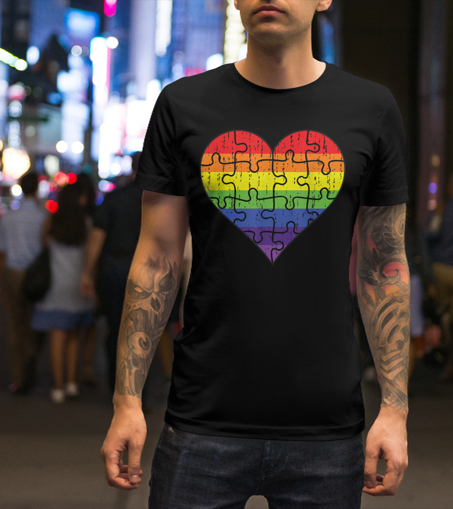 Autism Awareness Heart Puzzle Rainbow Stripes T-Shirt
