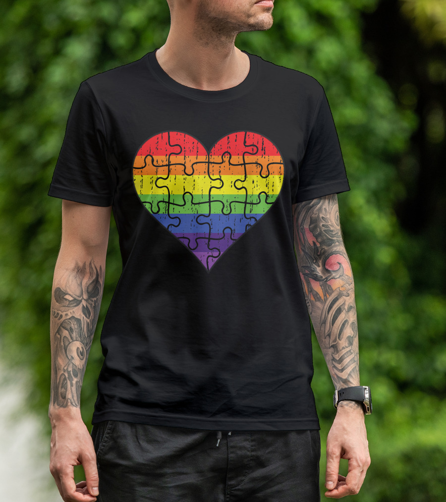 Autism Awareness Heart Puzzle Rainbow Stripes T-Shirt