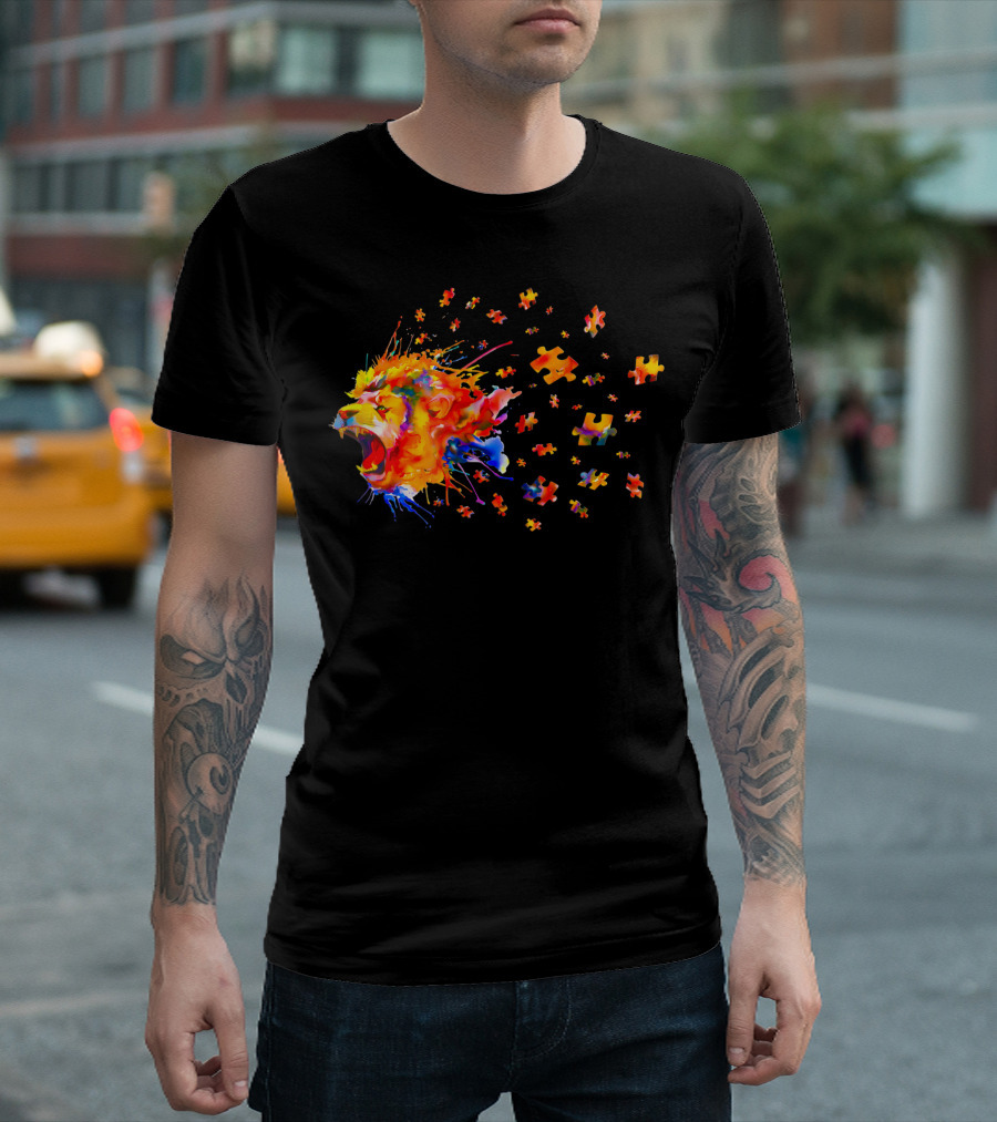 Autism Awareness Roar Colorful Lion Puzzle Pieces T-Shirt