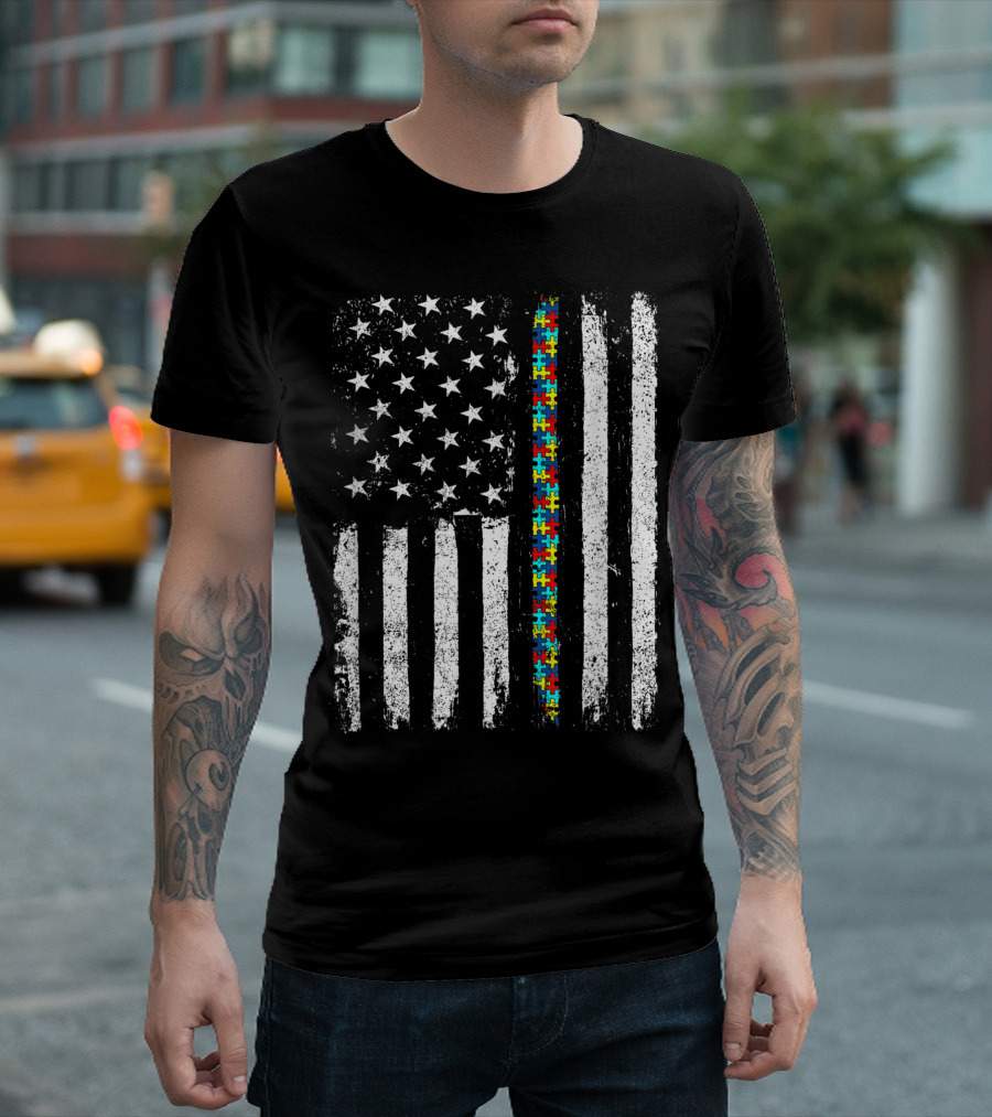 American Flag Puzzle Piece Autism Awareness T-Shirt