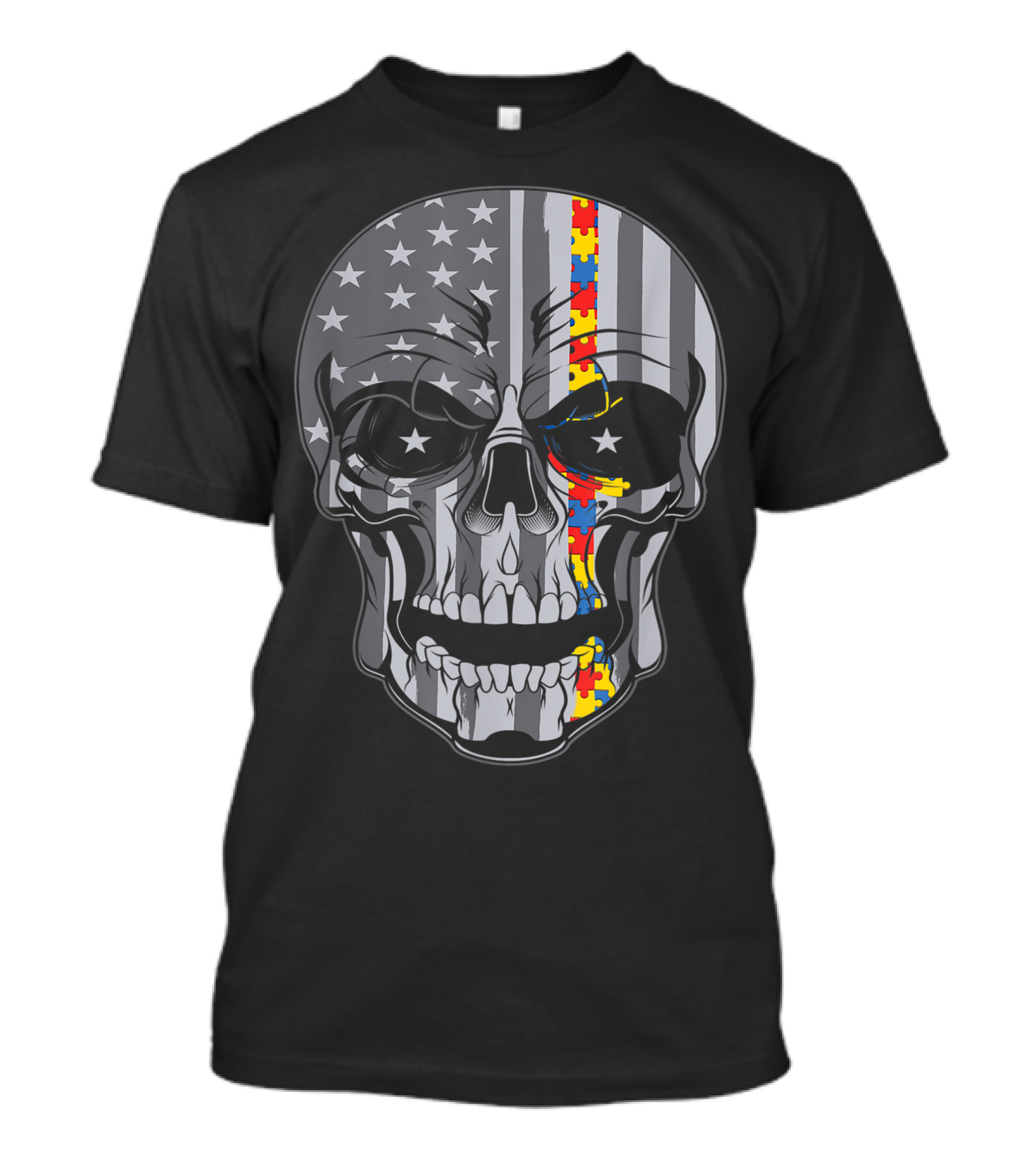 Autism Awareness Skull With American Flag And Puzzle T-Shirt