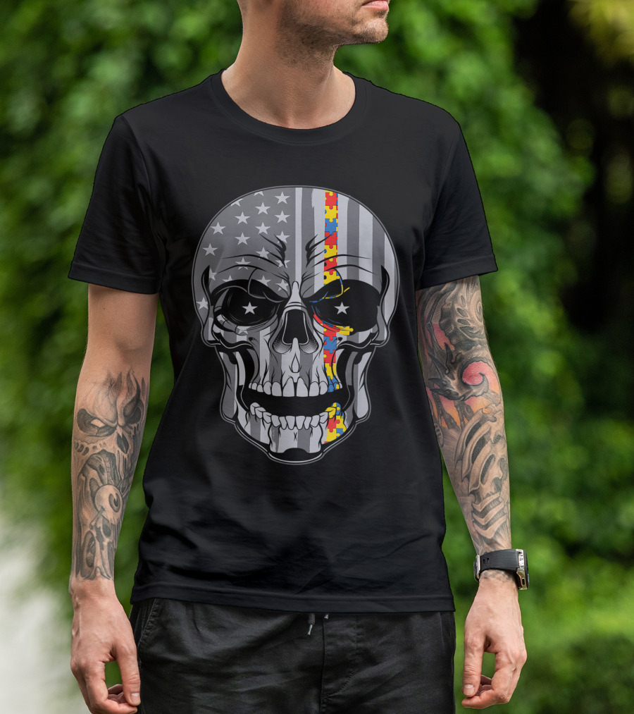 Autism Awareness Skull With American Flag And Puzzle T-Shirt