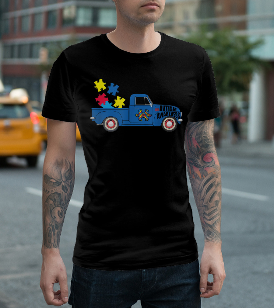 Autism Awareness Puzzle Pieces Blue Truck Women Aspergers T-Shirt