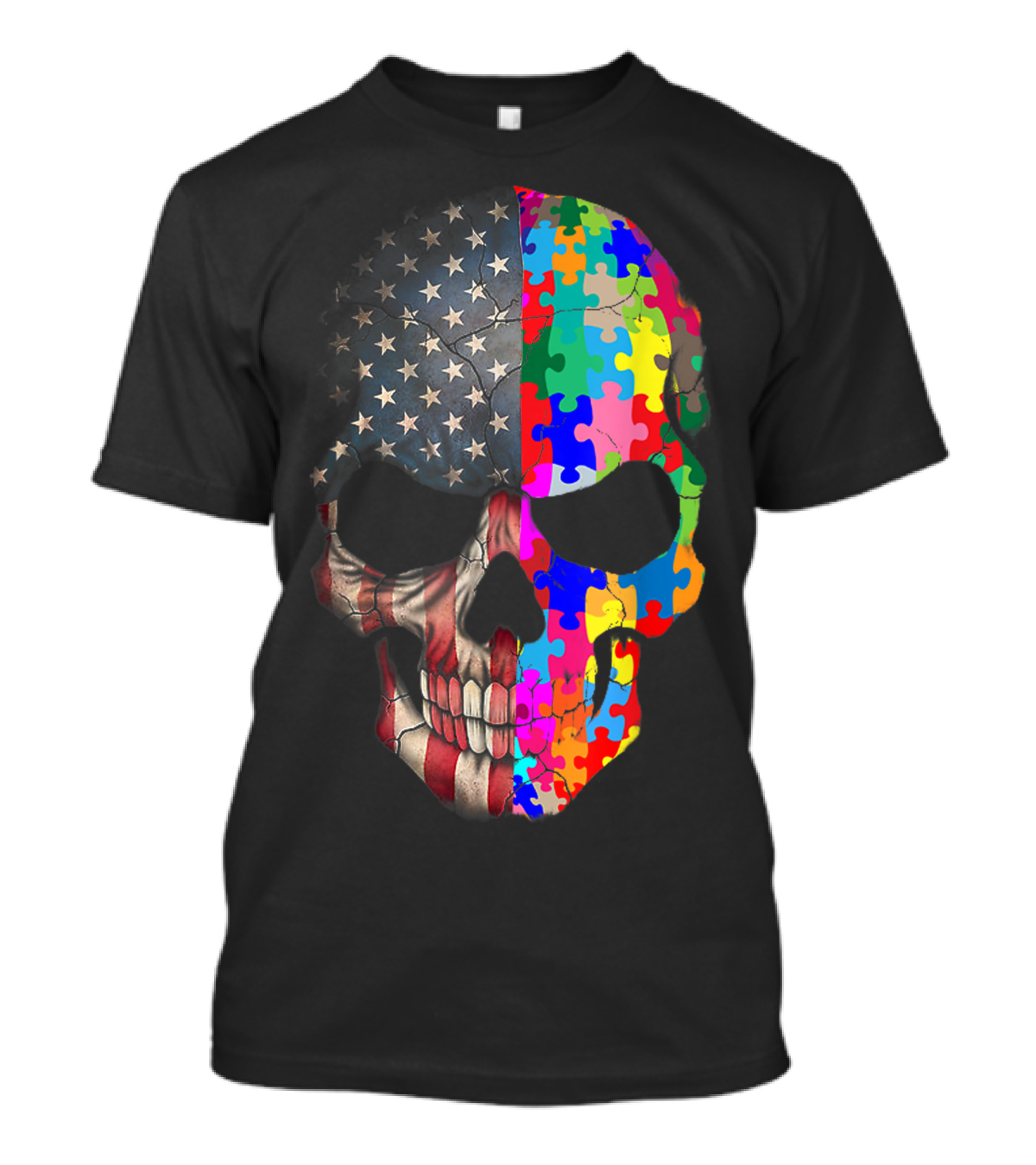 American Flag Skull With Autism Awareness Puzzle Pieces T-Shirt