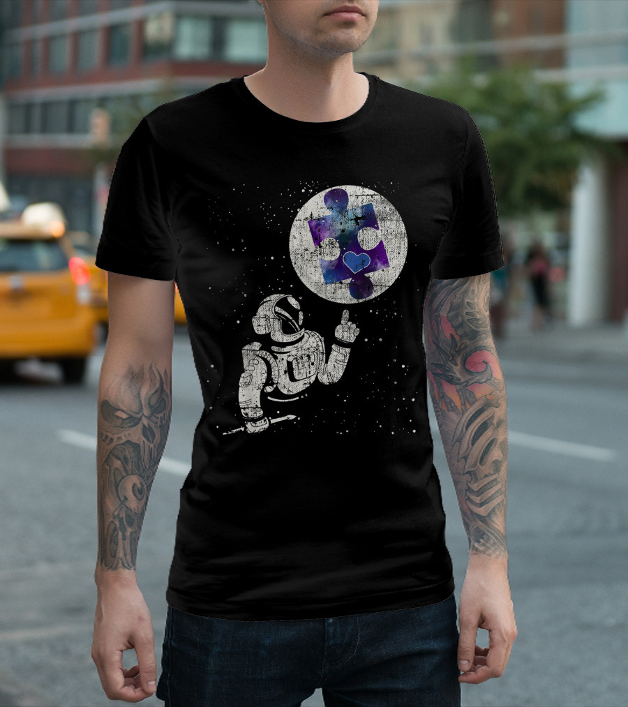 Autism Awareness Astronaut Reaching For Cosmic Puzzle Piece With Heart In Space T-Shirt