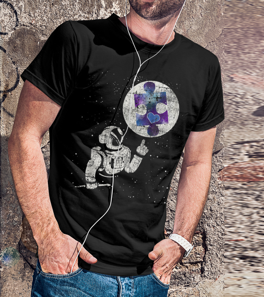 Autism Awareness Astronaut Reaching For Cosmic Puzzle Piece With Heart In Space T-Shirt