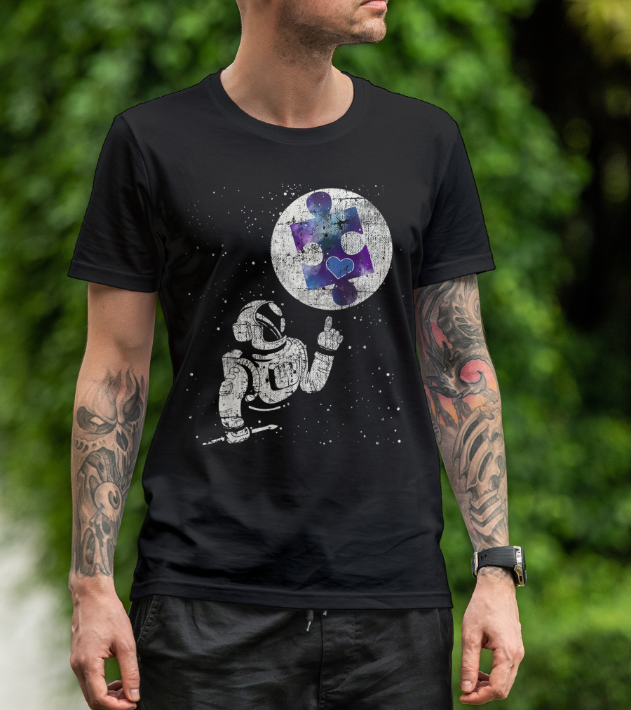 Autism Awareness Astronaut Reaching For Cosmic Puzzle Piece With Heart In Space T-Shirt