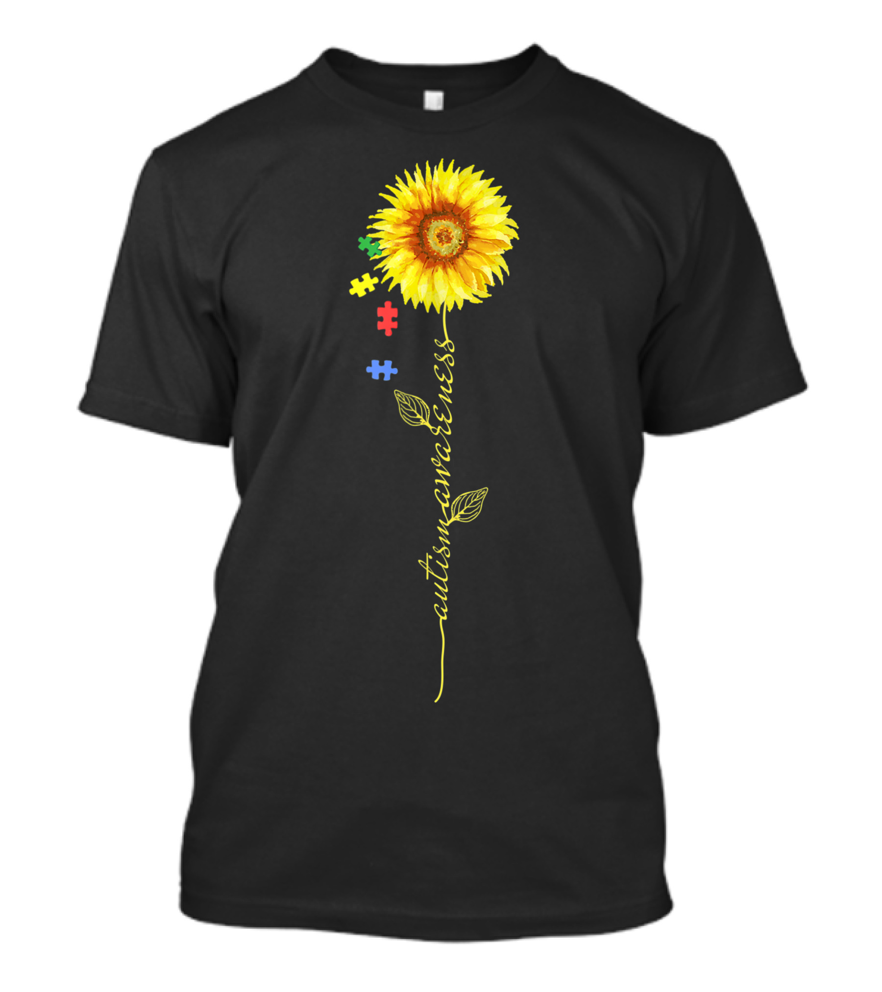 Autism Awareness Sunflower Puzzle Pieces Stem T-Shirt