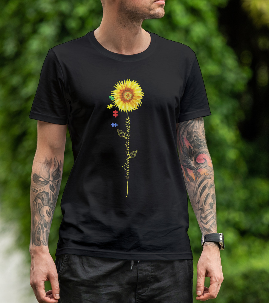 Autism Awareness Sunflower Puzzle Pieces Stem T-Shirt