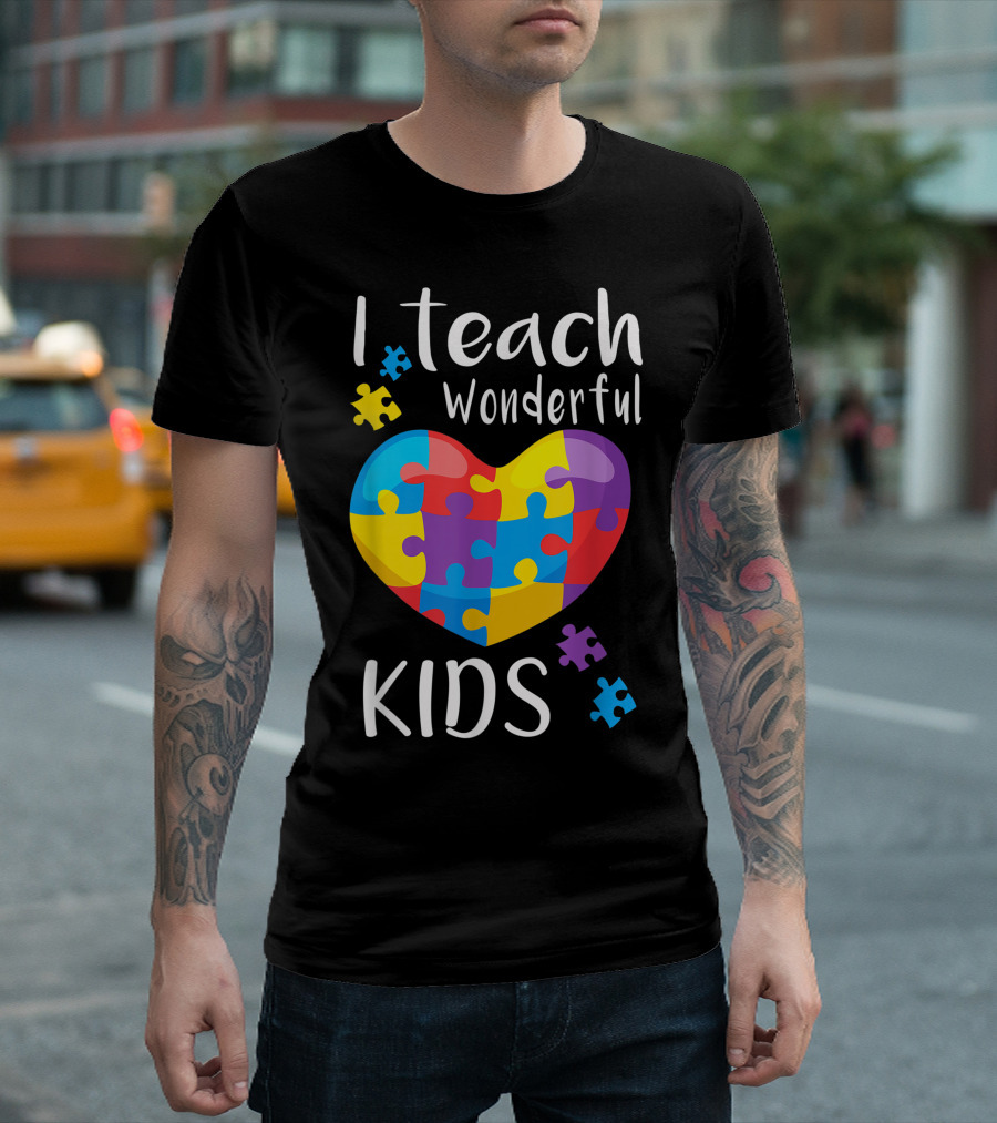 I Teach Wonderful Kids Autism Awareness Teacher Puzzle Heart T-Shirt