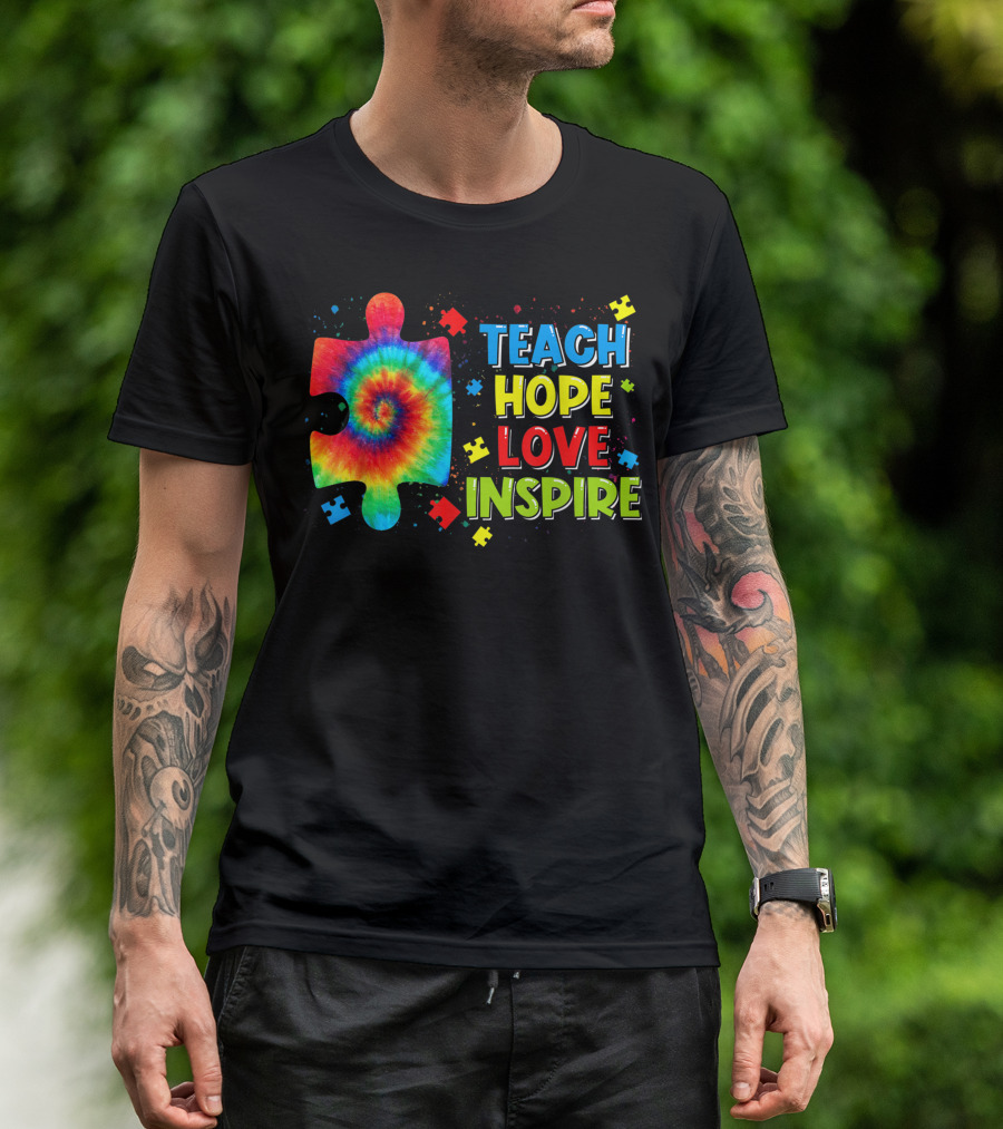Autism Awareness Teach Hope Love Inspire Tie Dye Puzzle Piece T-Shirt