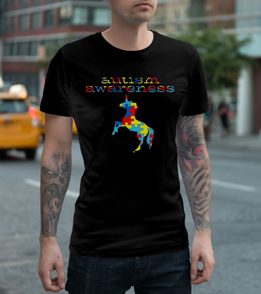 Autism Awareness Unicorn Puzzle Pattern Neurodiversity Ribbon Heart T-Shirt