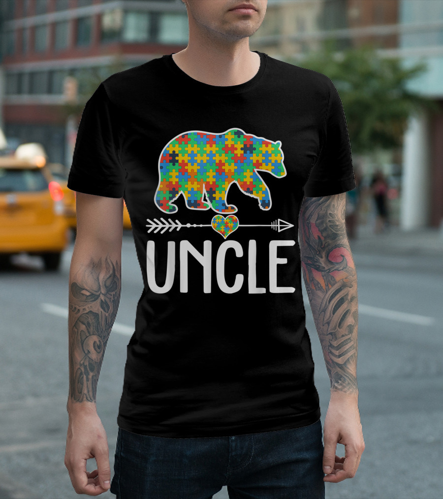 Uncle Bear Autism Awareness Puzzle Piece Heart Arrow Support T-Shirt