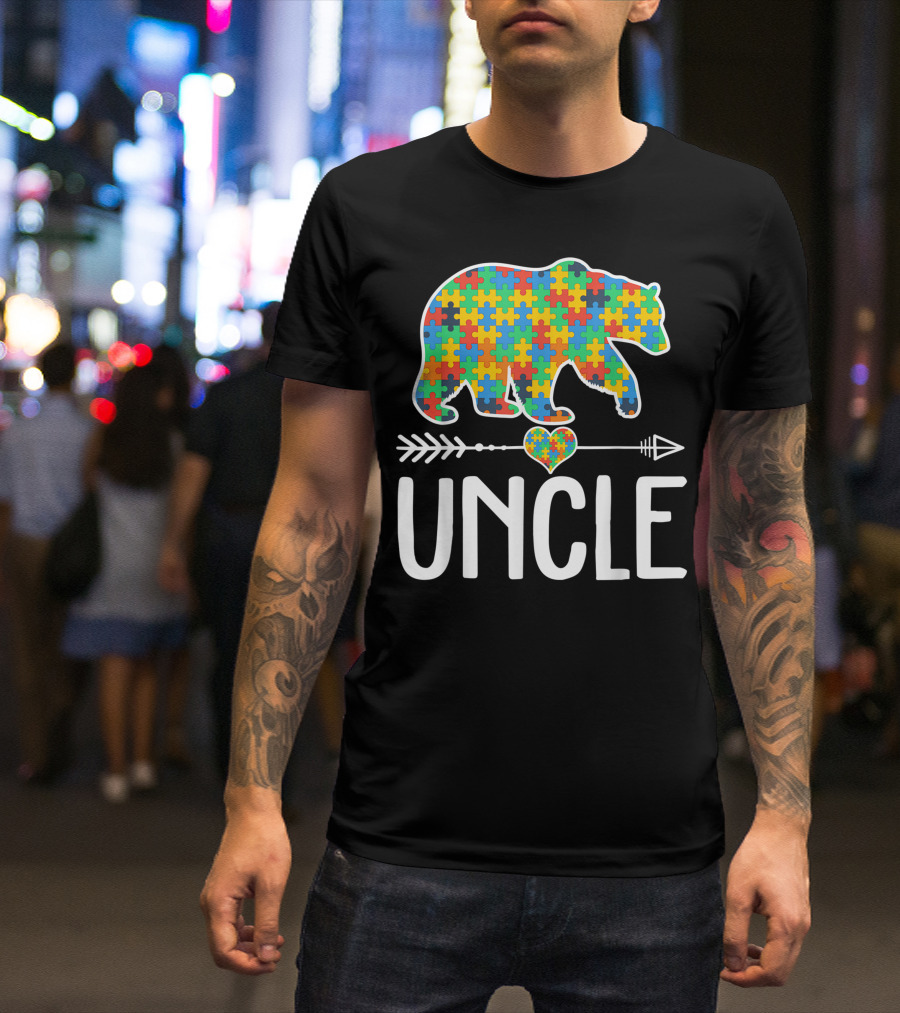 Uncle Bear Autism Awareness Puzzle Piece Heart Arrow Support T-Shirt