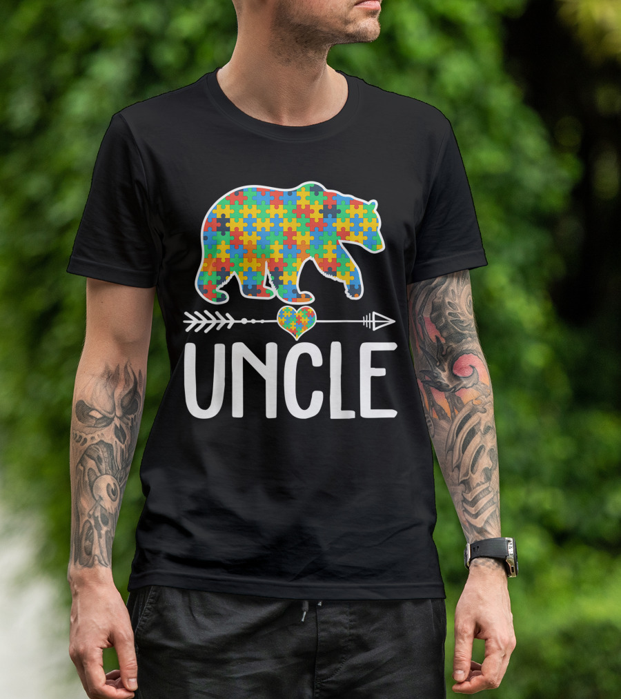 Uncle Bear Autism Awareness Puzzle Piece Heart Arrow Support T-Shirt