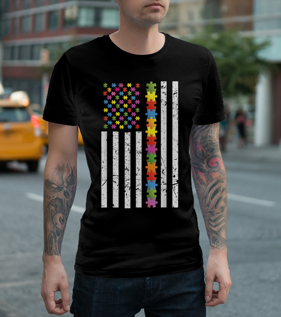 Autism Awareness Puzzle Piece American Flag Ribbon Support T-Shirt