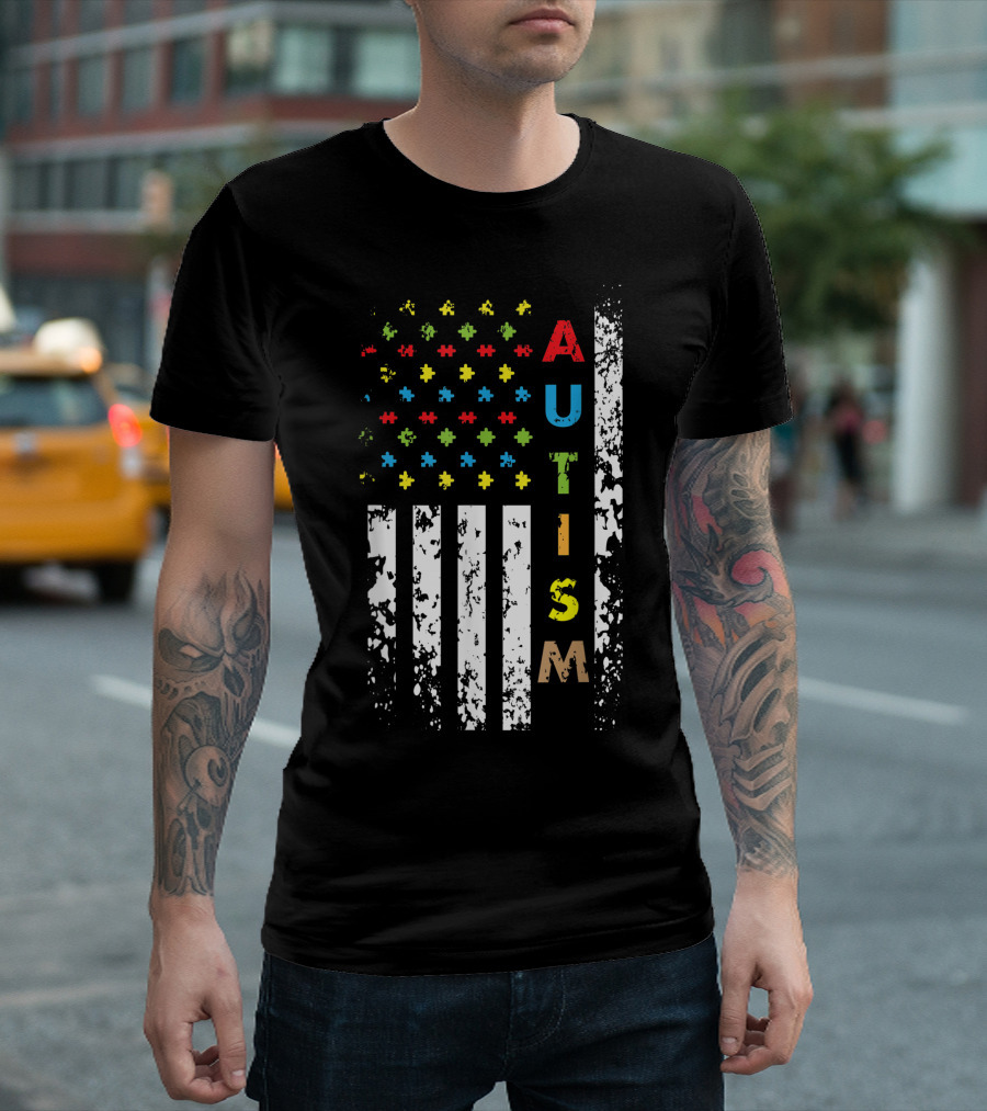 Autism Awareness Puzzle American Flag USA T-Shirt
